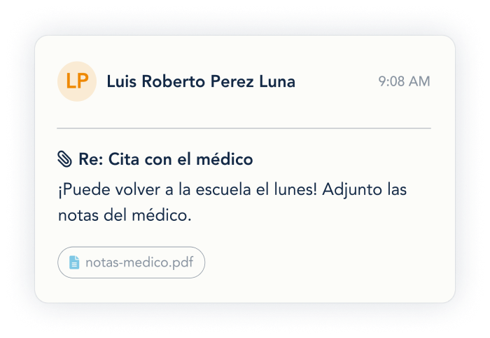 Ejemplo de un mensaje en OurFamilyWizard con archivo ajuntado