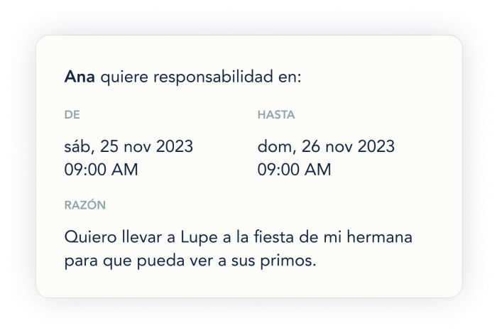 Ejemplo de una solicitud de cambio de horario en OurFamilyWizard