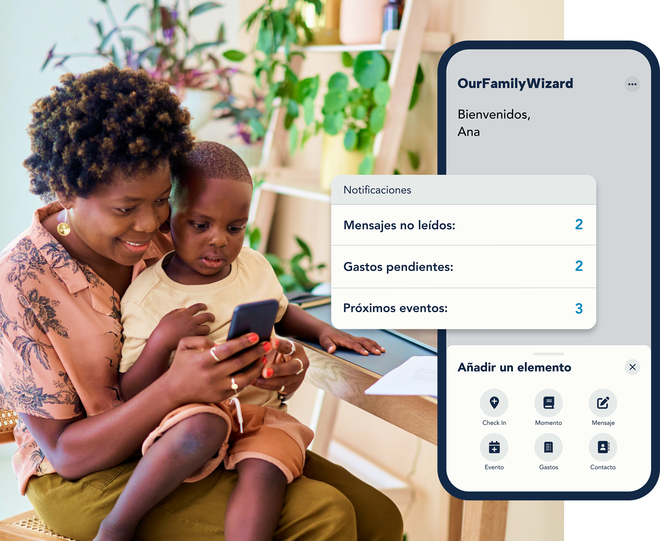 El hogar y las notificaciones de OurFamilyWyzard