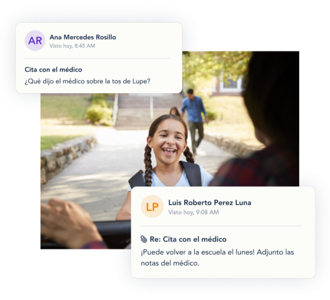 Ejemplo de mensajes en OurFamilyWizard con una foto de una chica