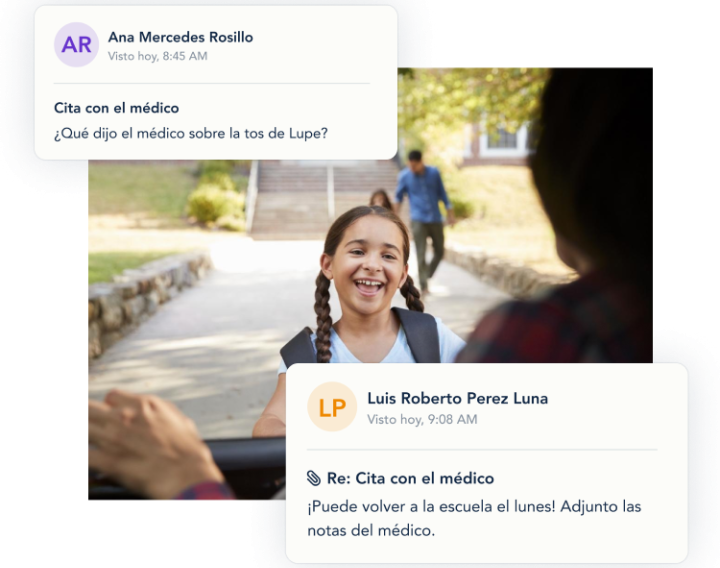 Ejemplo de mensajes en OurFamilyWizard con una foto de una chica