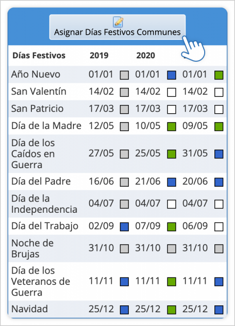 Asignar días festivos comunes