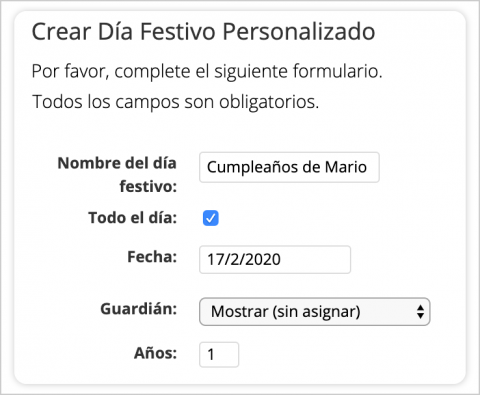 Crear días festivos personalizados