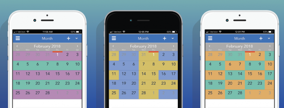 3 views of a parenting schedule on the OFW mobile app with different color schemes