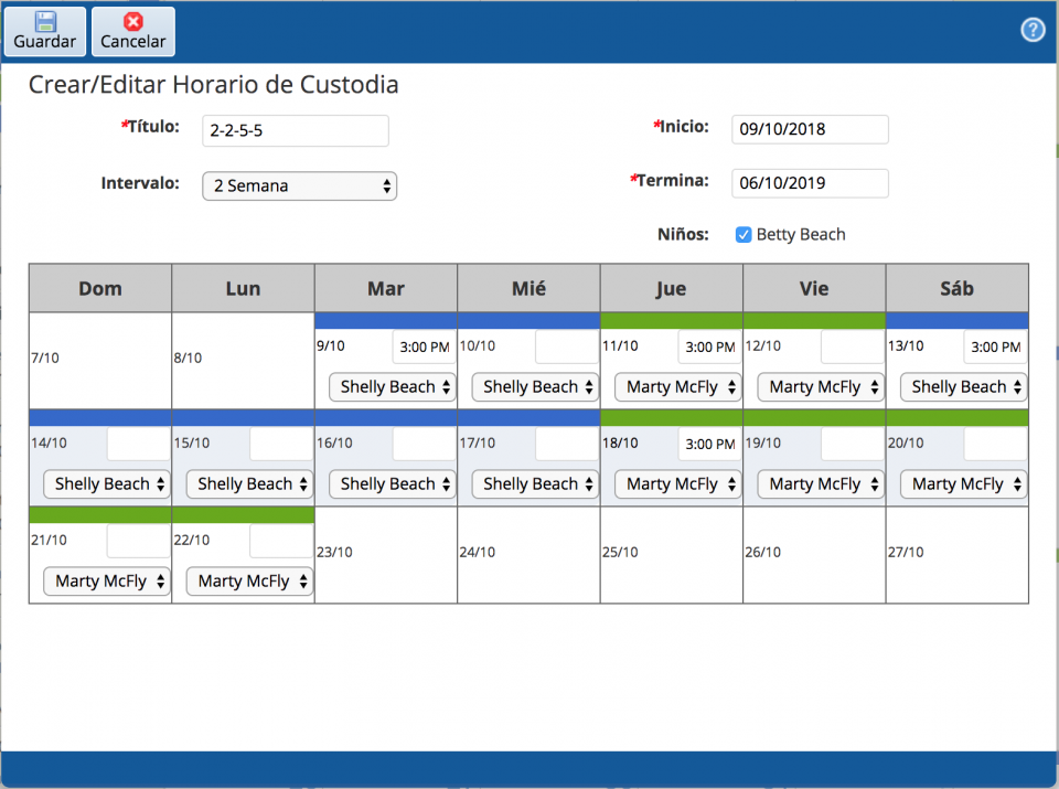 Horario de custodia de 2-2-5-5