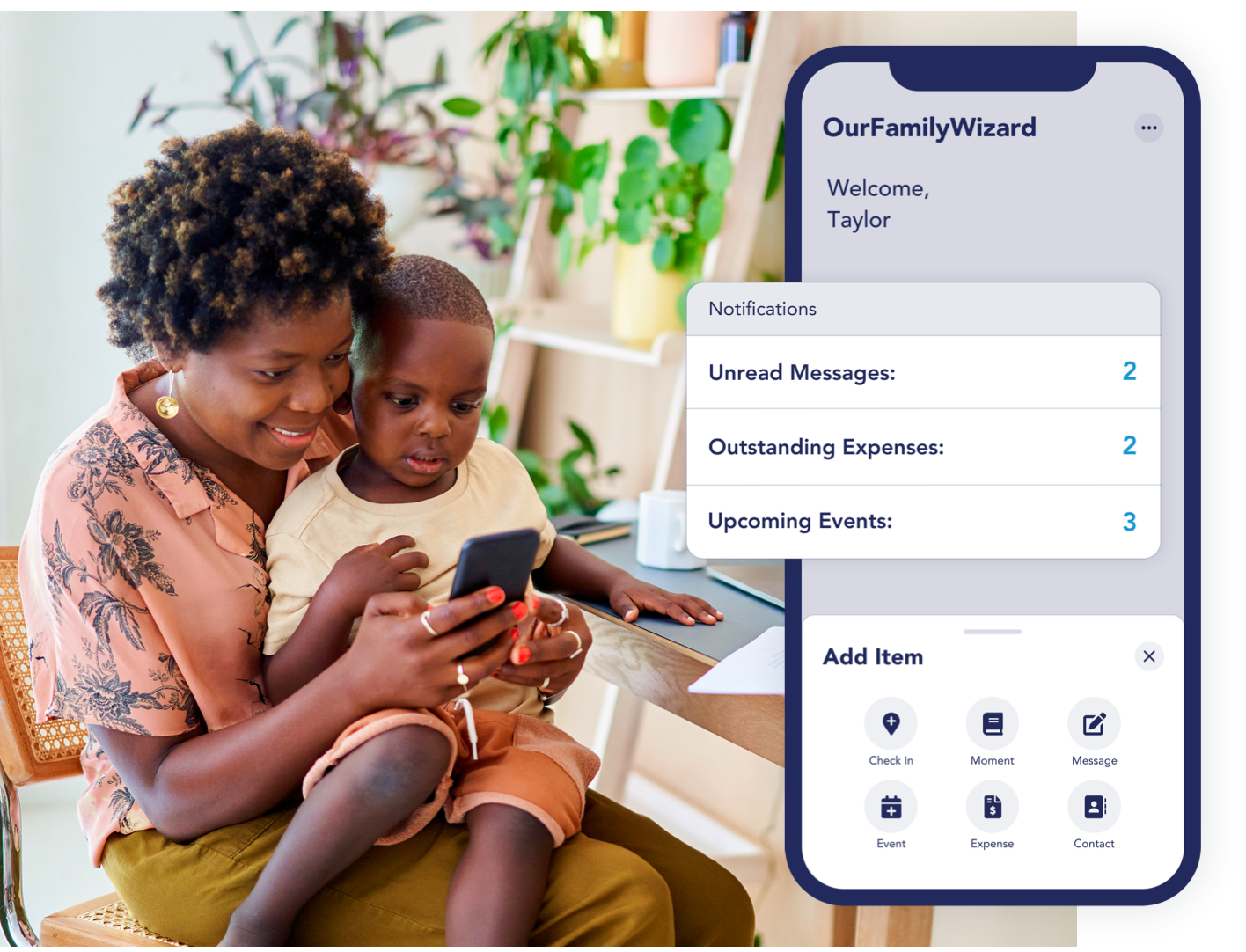 A parent and child view the OurFamilyWizard app on their phone.